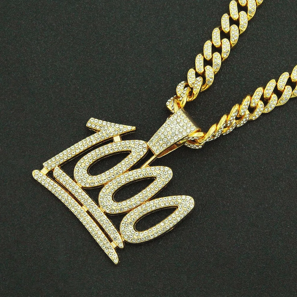 

Rapper Iced Out Cuban Chains Bling Diamond Number 1000 Rhinestone Pendants Mens Necklaces Gold Chain Charm Jewelry for Men Gift