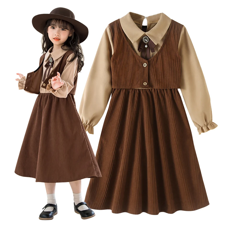 Girl's Long Sleeved Lapel Contrasting Color Fake Two-Piece Dress Academy Style Fashionable Girl's Dress Girls Casual Dresses