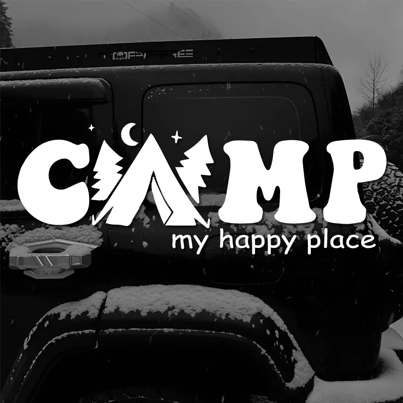 CAMP My Happy Place Unique Text Waterproof Vinyl Sticker DIY Decal Outdoor Car Motorcycle Camper Styling Accessories