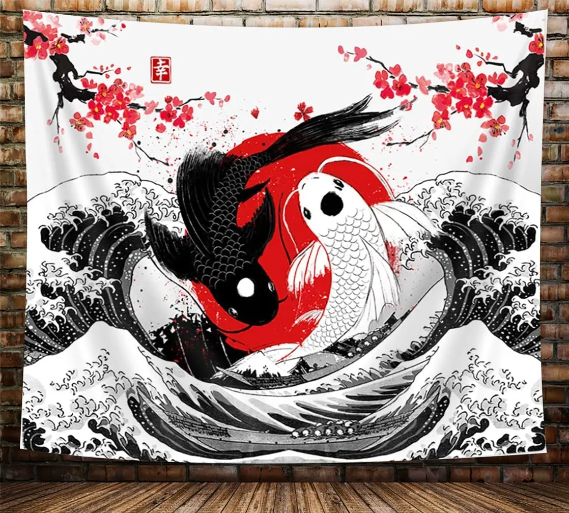 Koi Fish Tapestry Japan Ocean Wave Sakura Wall Hanging Yin Yang Cherry Blossoms Tapestries Home Living Room Wall Blanket Cloth