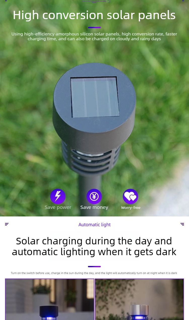 Solarbetriebener Insektenvernichter, wasserdicht, elektrische Mückenfalle, UV-Fliegenfalle für Garten, Terrasse, Hof, Camping, Insektenbekämpfungslampe – Detail 3