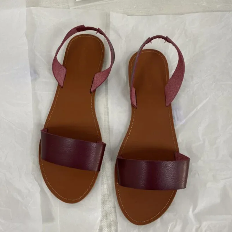 Solid PU Leather Women Sandals for 2024 Summer Flat Shoes Back Elastic Band Rome Casual Lady Fashion Brand Sandal Woman