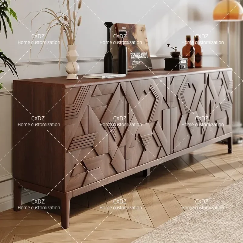 Retro Carved Walnut Integrated Wall Cabinet Solid Wood Living Room Locker Dining Sideboard Storage Unit for Home Decor