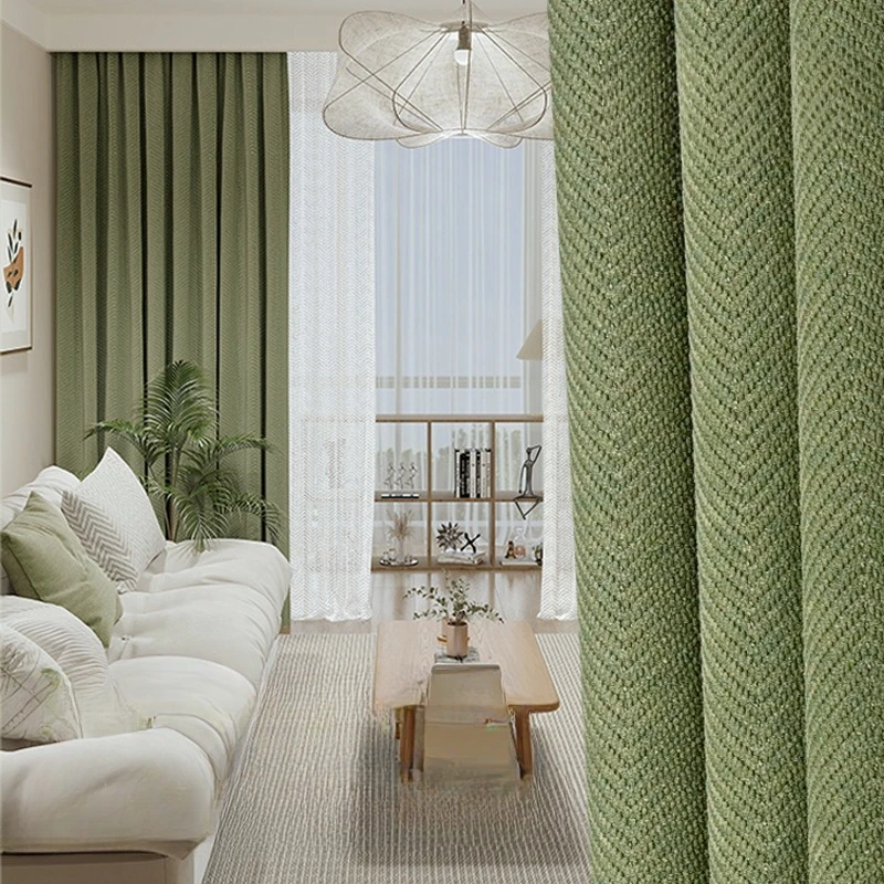 

Mocha Green Simple Modern Curtains for Living Room Exquisite and Warm Bedroom Chenille Shading Curtain with Inset Style