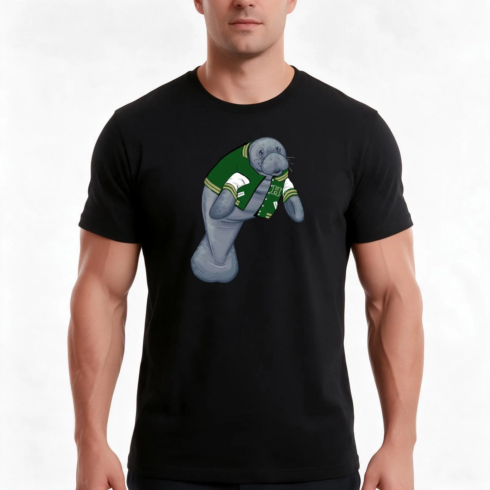 Manatee wearing a letterman jacket T-Shirt, Summer Casual Cotton Tee, Oversized Streetwear Tops, Vintage Graphic Print