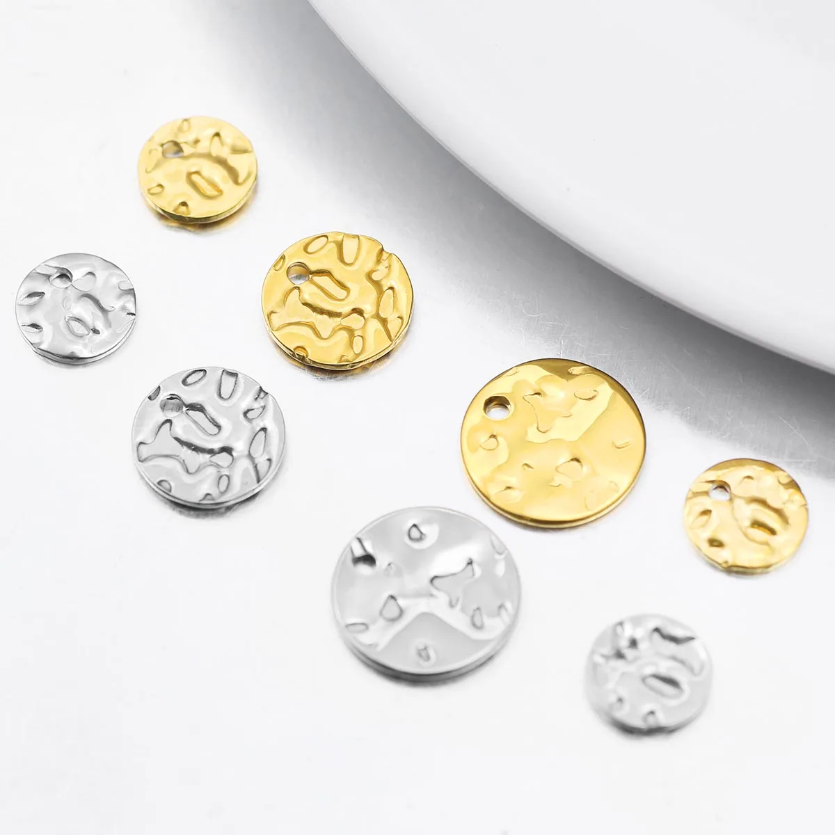 

10pcs 8/10/12mm Hammered Disc Charms Gold Plated Stainless Steel Round Blank Coin Pendant For DIY Necklace Bracelet Making