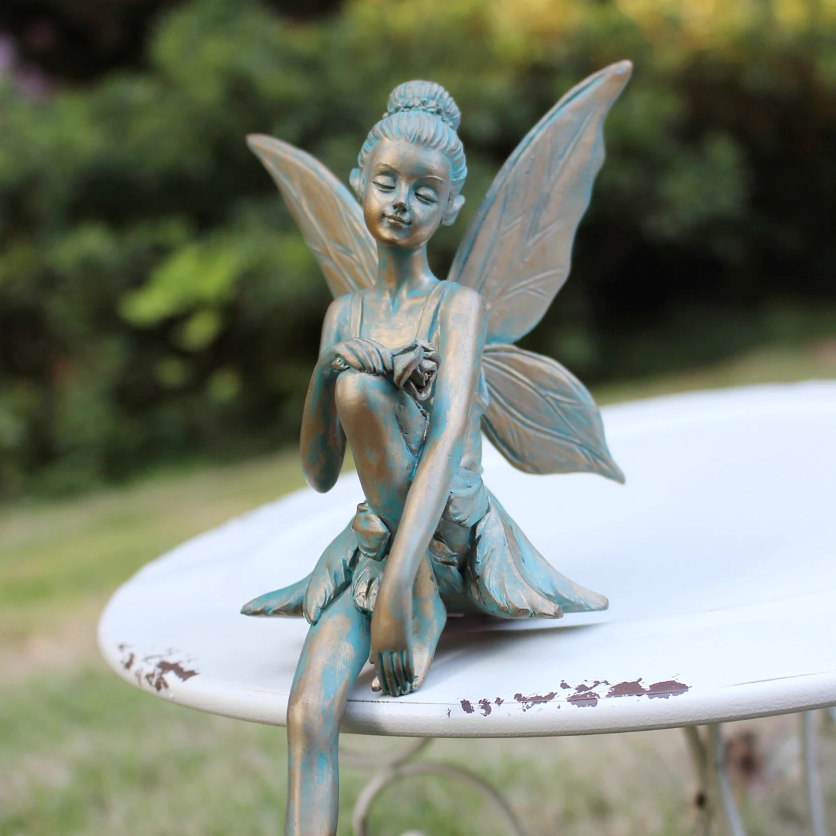 1 قطعة تمثال راتينج الجنية على شكل زهرة برونزية عتيقة ، حلي زخرفية لغرفة المعيشة الداخلية والحديقة الخارجية