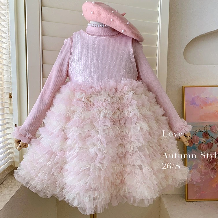 Girls' Suit 2026 Autumn and Winter New Children's Wear Korean Style Girl Baby Sweet Bottom Shirt Sequin Mesh Dress Two Sets