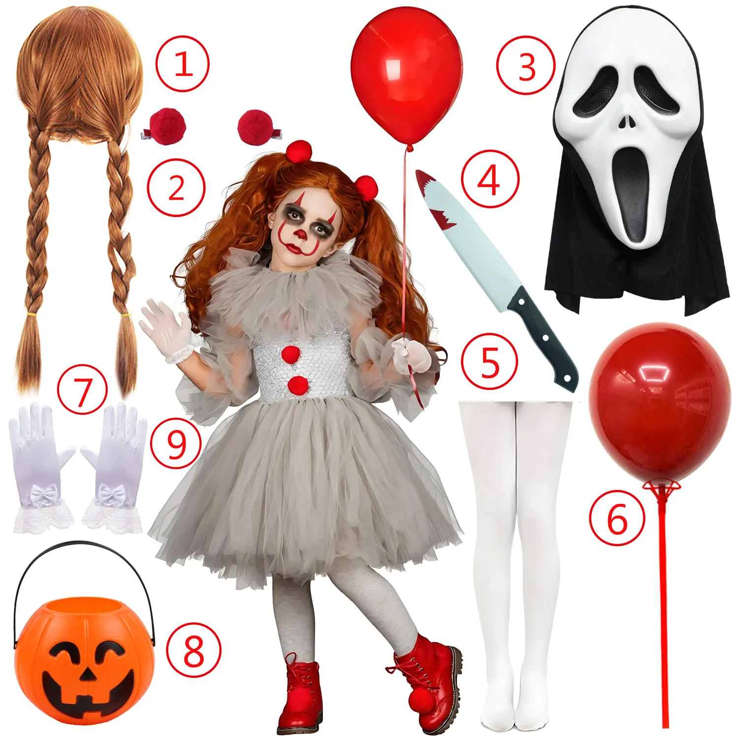 2026 Halloween Trick or Treat Carnival Party White Gray Scary Clown Mesh Fluffy Dress Girl Cosplay Joker Costume Accessories Set