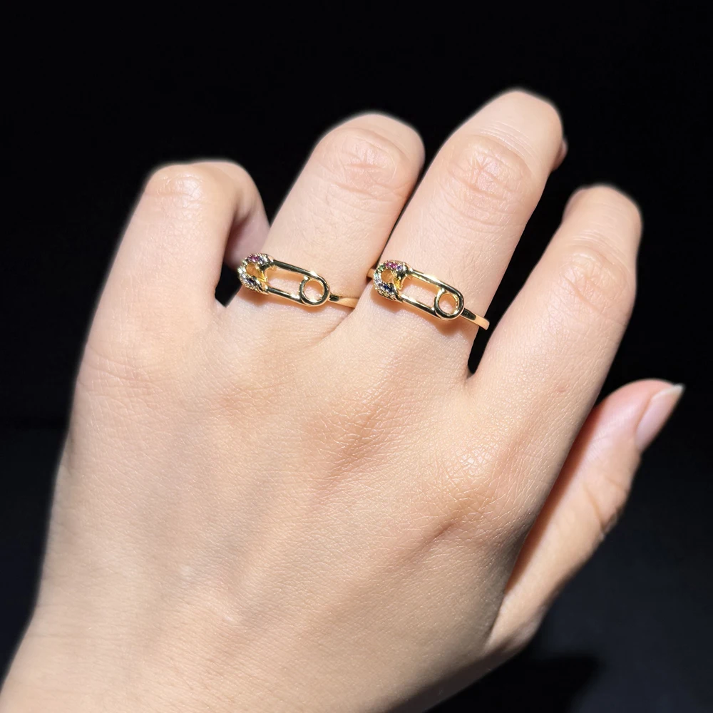 Fashion Cute lovely rainbow safety pin ring for women US size 5 6 7 8 unique design paperclip rings