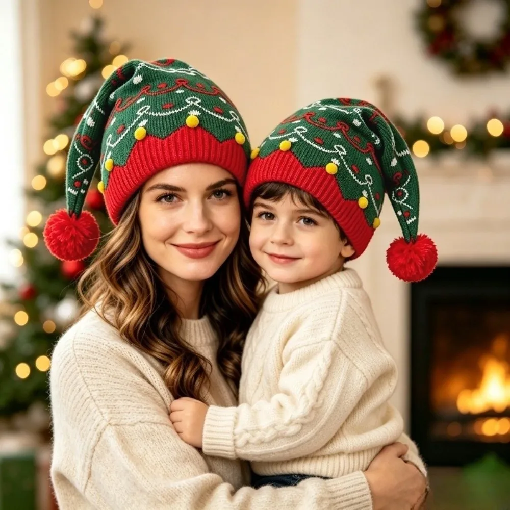 Fashion Jacquard Christmas Hat Red Green Patchwork Color Warm Knitted Wool Cap Parent Child Hat Gift Christmas Knitting Hat Men 4