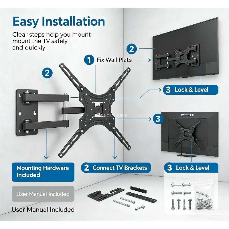 Supporto TV a parete articolato per schermi da 17-60" ±15 ° Staffa in acciaio resistente con livella integrata inclinabile per soggiorno