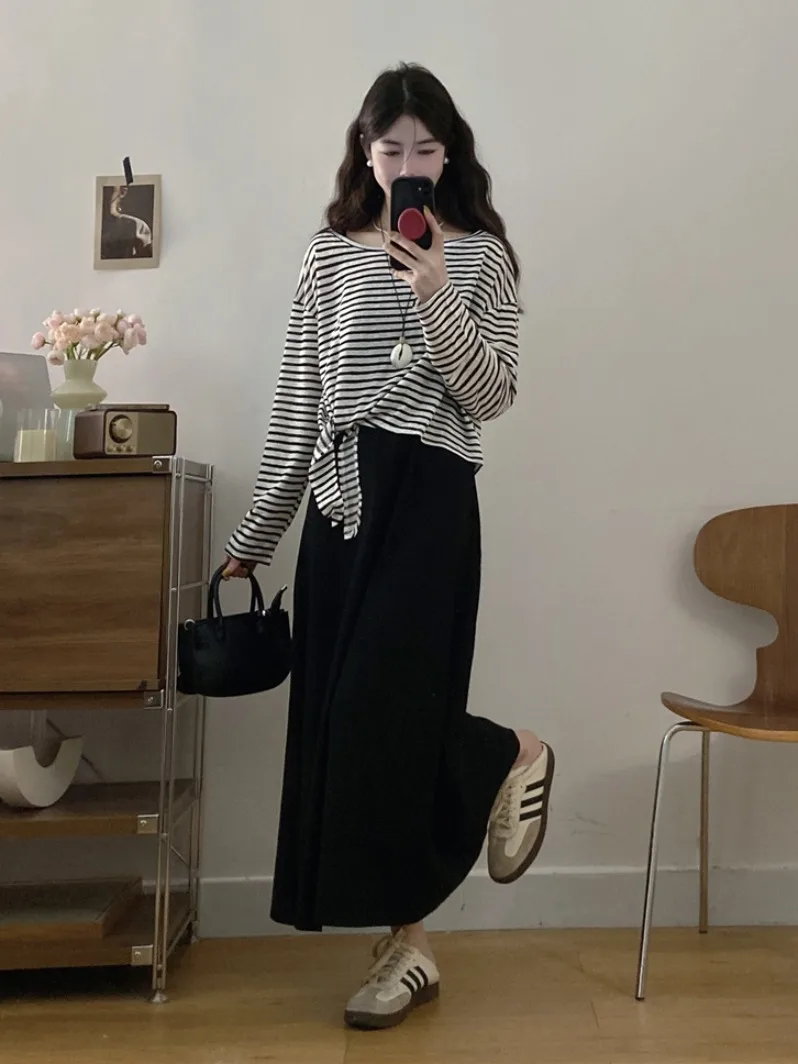 

plus Size Women's Korean Style Striped T-Shirt And Skirt Set Shoulder Baring Long Sleeve Slimming Spring Fashion Casual Wear