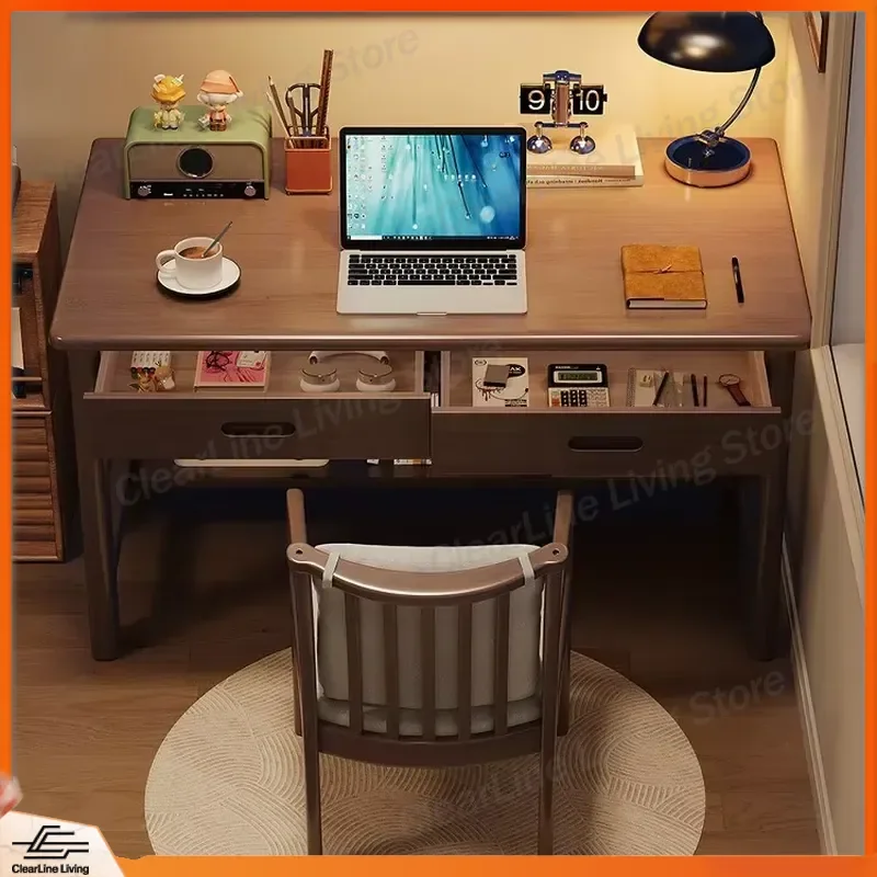 Modern Minimalist Solid Wood Computer Desk with Storage Bookshelf Office Furniture Home Study Writing Table Ergonomic