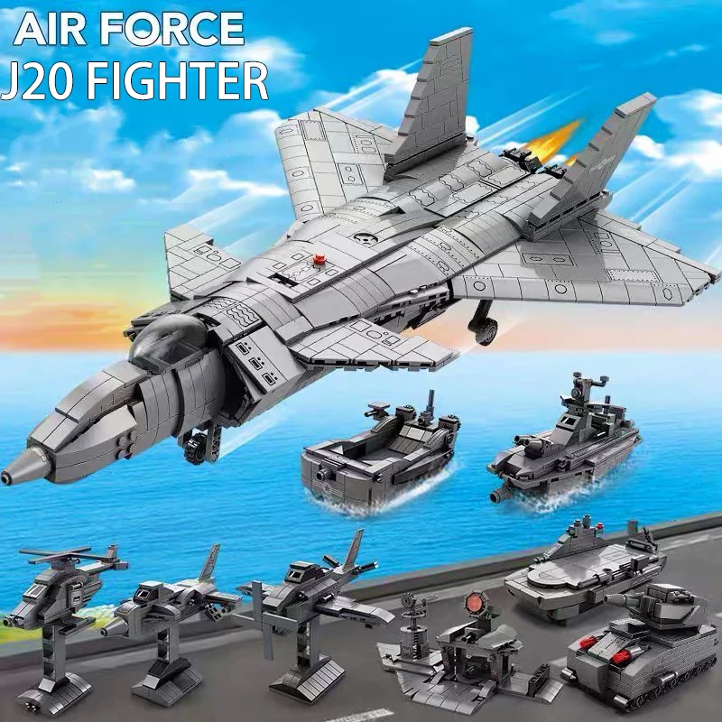 

8 IN 1 Military J-20 Fighter Building Block Shipboard Battle Plane Bricks Model WW2 Air Force Weapon Soldiers Boy Toys Gifts Moc