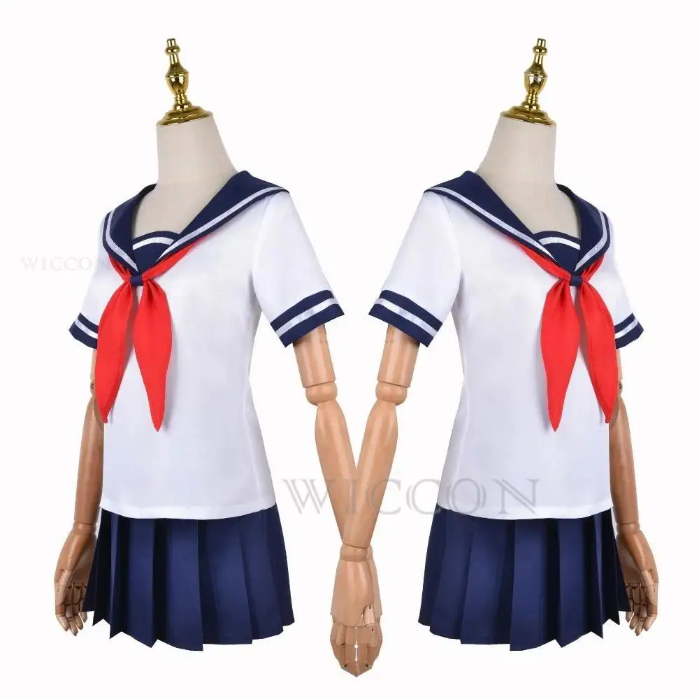 YPanama e Simulator Ayano Aishi Cosplay Costume pour filles, ensemble complet, haut jupe nœud et perruque, uniforme de marin JK, jeu d'Halloween