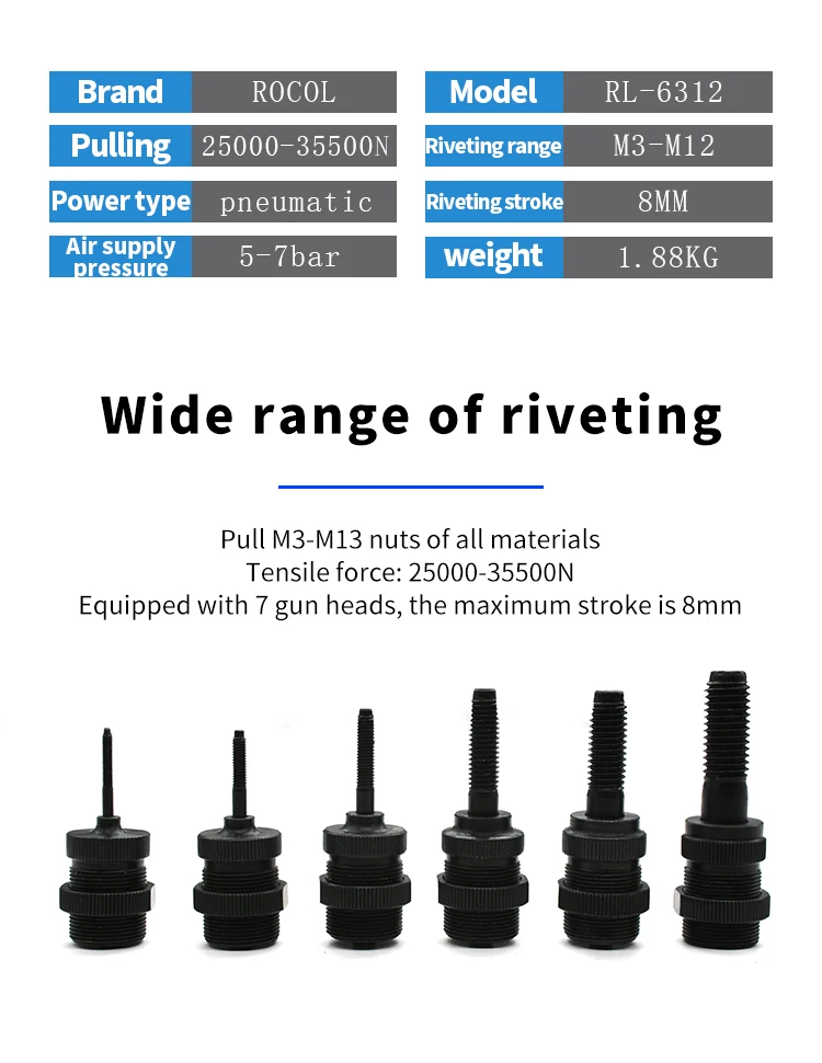Pneumatic Riveter Automatic Rivet Nut Gun RL-6312 Industrial Hydraulic Quick Riveting Nut Tool M3 M4 M5 M6 M8 M10 M12