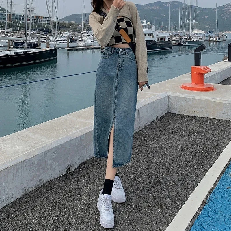 Women Summer Casual Trend Split Fork Solid Color High Waist Appear Thin Cowboy Skirt Ladies Fashion All-match Thin A-line Skirt