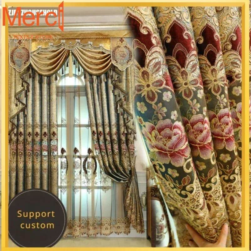 European Customized Curtains For Living Dining Room Bedroom Luxury Grand Floor Ceiling Gold Embroidered Jacquard Villa Curtain