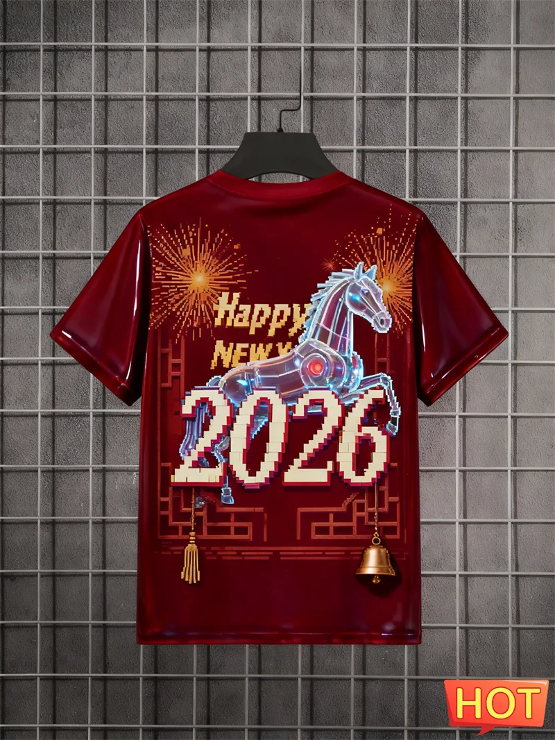 سنة جديدة سعيدة 2026 رسائل الحصان نمط تي شيرت الموضة العصرية الرجال النساء قصيرة الأكمام ثلاثية الأبعاد تي شيرت مطبوع فضفاض الشارع الشهير تيز #2