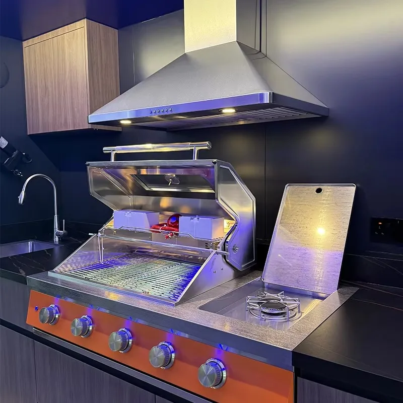 CUSTOMIZED Modular Outdoor Garden Kitchen Cabinets Sink 304 Stainless Steel Chrome Plated Remote Control BBQ Grill Flame Safety