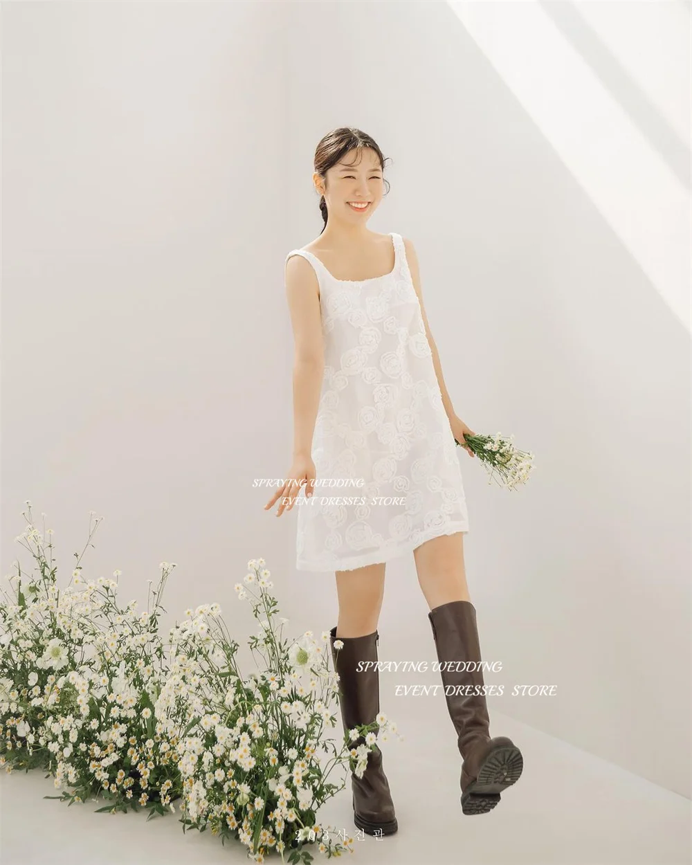 SPRAYING Sweet A Line Mini Wedding Dress Korea Photo Shoot Spaghetti Straps Sleeveless Bridal Gown Knee Length Bridal Gown