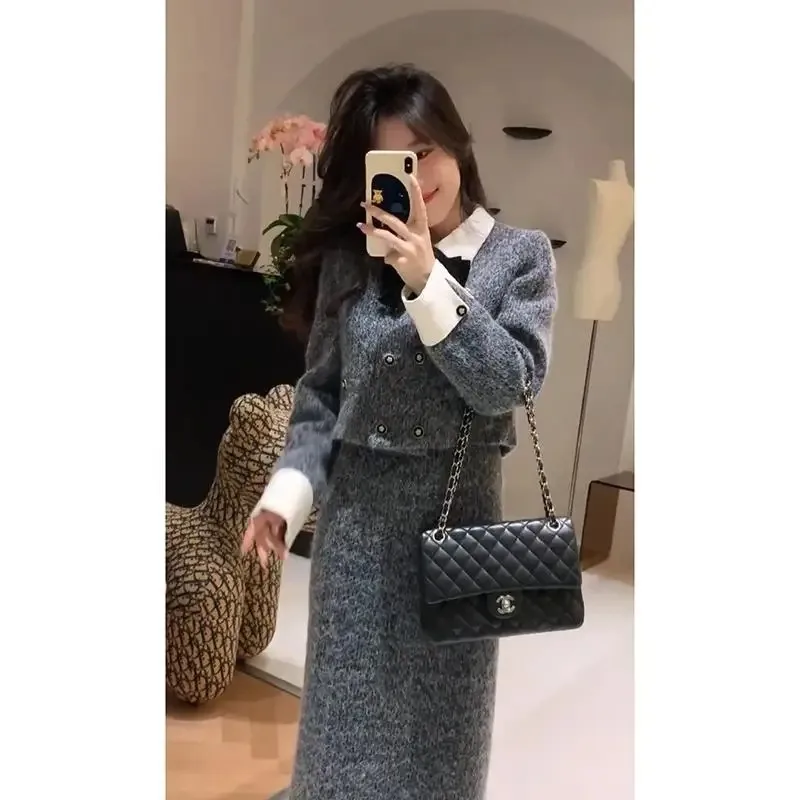 Women's Small Fragrant Style Double-sided Cashmere Blazers Half Skirt Set Retro Bow Tie Woolen Jacket Half Skirt Two-piece Sets