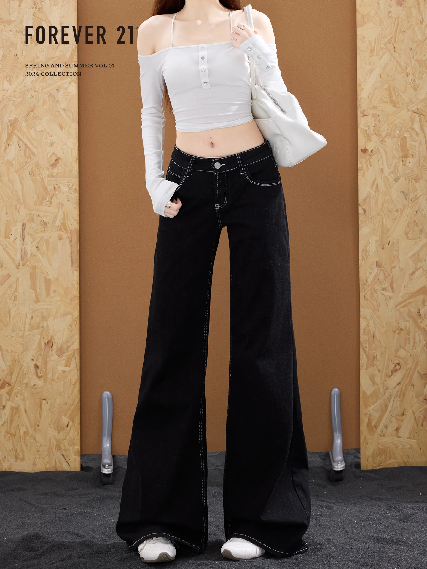 Forever 21 American Style Low Waist Bell Bottom Jeans Women Loose Pear Shape Slim Straight Leggings Black Color Daily Wear
