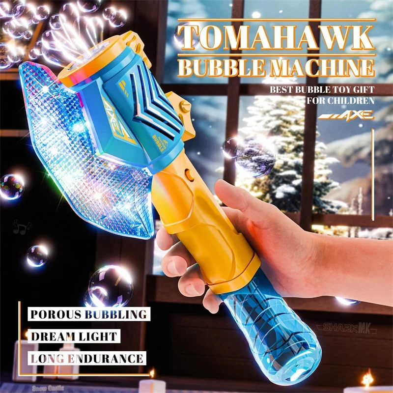 Machine à bulles à baguette de hache pour enfants, baguettes à bulles, pistolets à bulles lumineux automatiques pour les tout-petits, jouets de fête d'anniversaire en plein air pour garçons