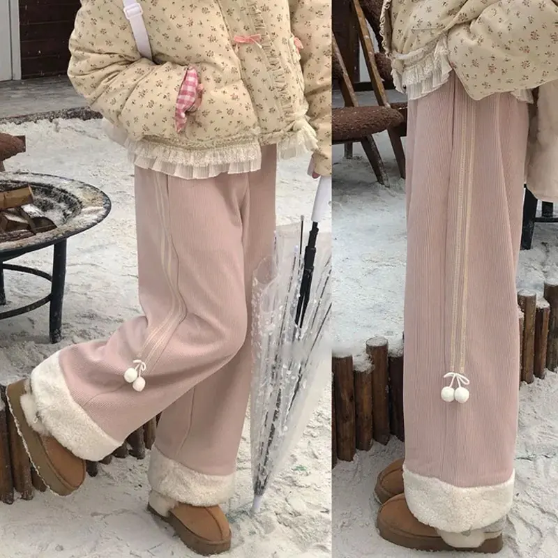 Sweet Pink Corduroy Fleece Cute Pants Women Little Furball Decor Cuffed Trousers Autumn Winter Stylish Spliced Warm Casual Pants