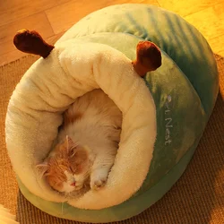 Plush Pet Bedautumn And Winter Soft Plush Round Cushion House 2 In 1 Semi-enclosed Shell Shape Cat Nest Kennel Small Dog Bed