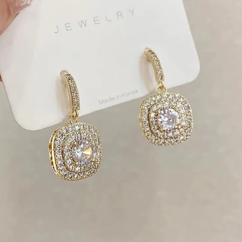 Hình Vuông Cổ Điển Zirconia Hình Giọt Nước Hoa Tai Nhỏ CZ Đá Vàng Vàng Màu Earings Cho Nữ DỰ TIỆC CƯỚI Trang Sức