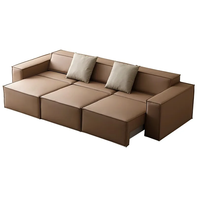 ur- Italian Electric Retractable Three-Person Small Apartment Sofa Tofu Block Silicone Leather with Sponge Filling-