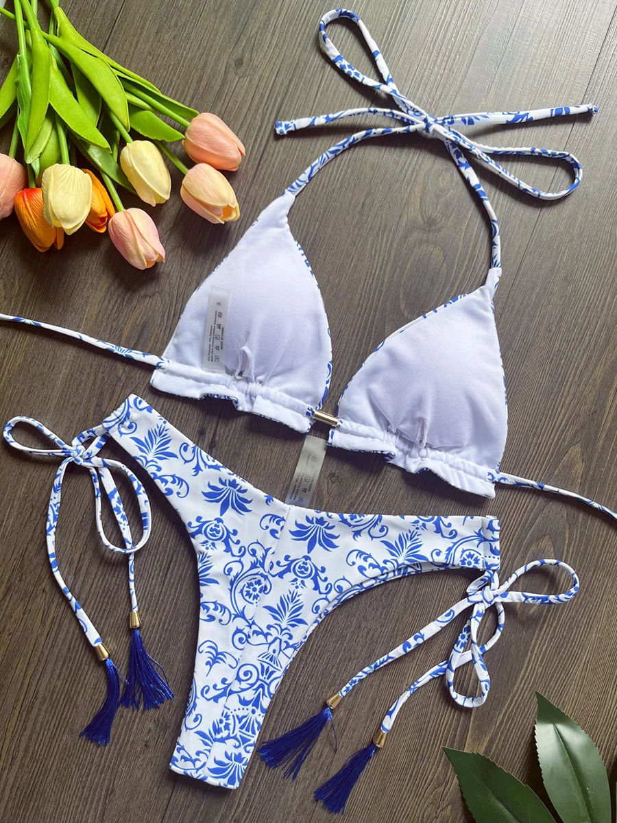 Blue and White Porcelain Print Halter Brazilian Bikini Female Swimsuit Women Swimwear Two-pieces Bikini Set Bathing Suit Swim