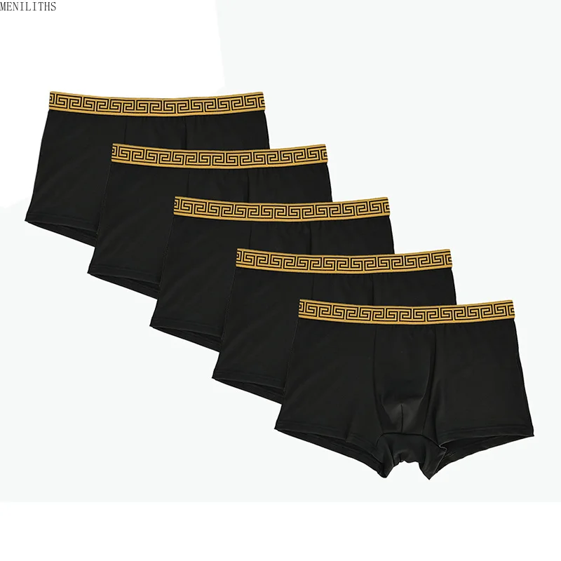 5-Piece Personalized Printed Waistband Men's Casual Black Boxer Shorts Comfortable Casual Underwear Men's Elastic Underwear
