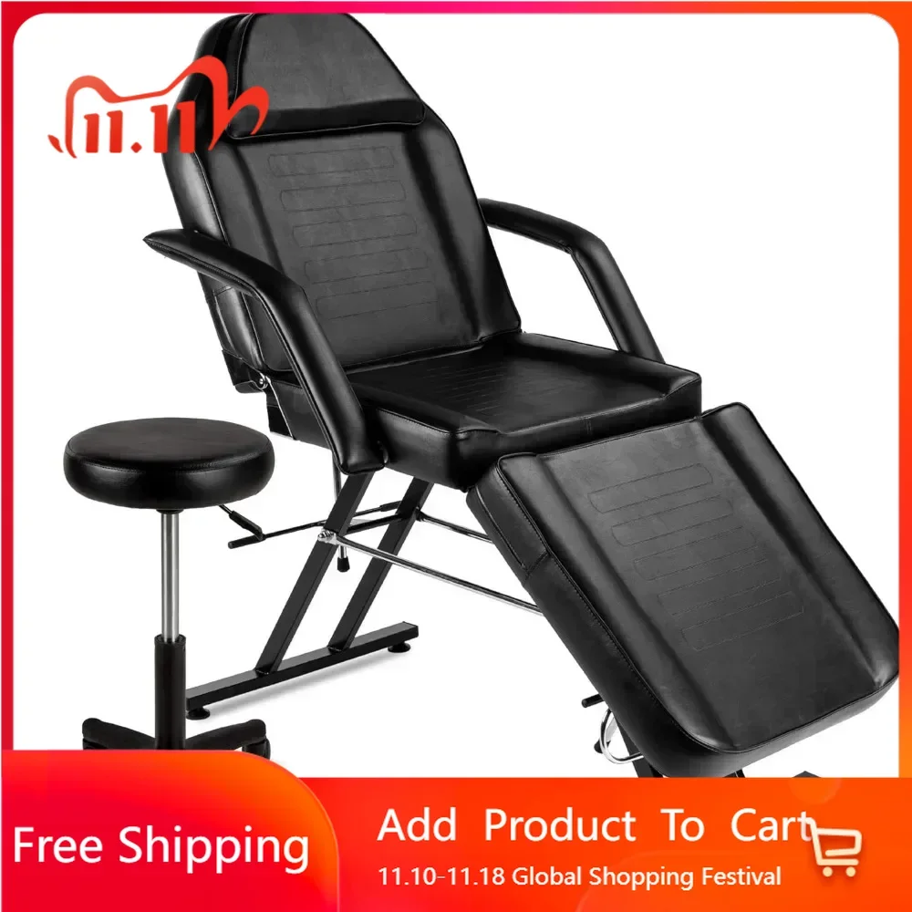 71in 3-Section Multipurpose Massage Bed, Spa Tattoo Chair W/Hydraulic Stool, Removable Headrest, Facial Cradle, Towel Hanger