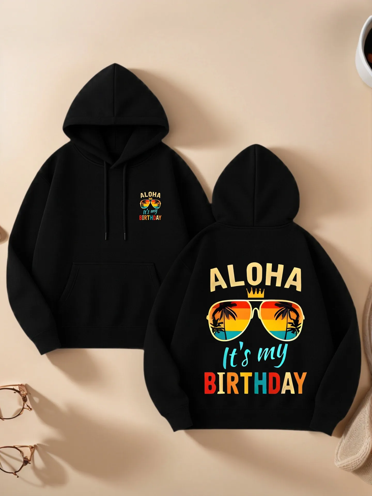 

Graphic Hoodie Women, Aloha It's My Birthday Print, Aesthetic Design, Cotton Blend, Vacation Outfit, For Teens