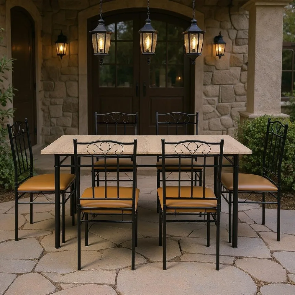 طقم طعام خارجي مكون من 7 قطع مع طاولة خشبية وكراسي معدنية محببة، مثالي لسطح السفينة والحديقة وتجمعات الشرفة #6