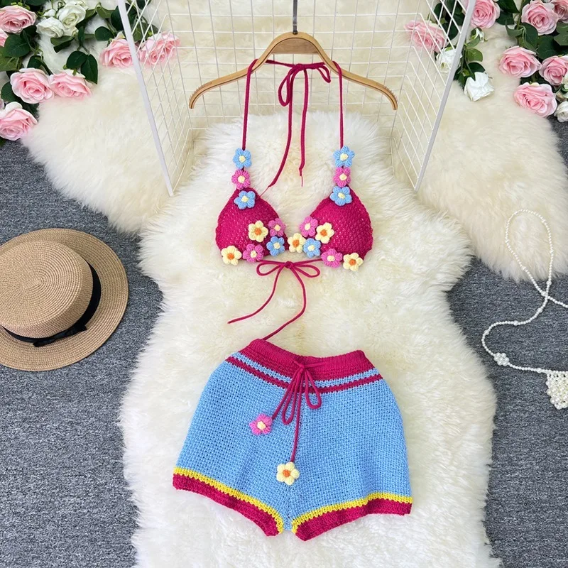 Conjuntos de pantalones cortos de verano para mujer y niña, Bikini de playa de punto, camisola Halter de flores de ganchillo con pantalones cortos,