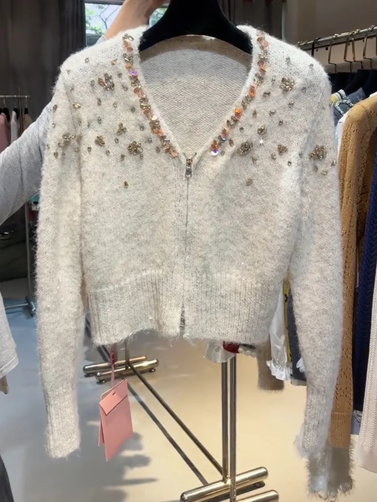 

Корейский модный вязаный кардиган с тяжелой отделкой стразами, больших размеров, стройнящий силуэт, для осеннего сезона