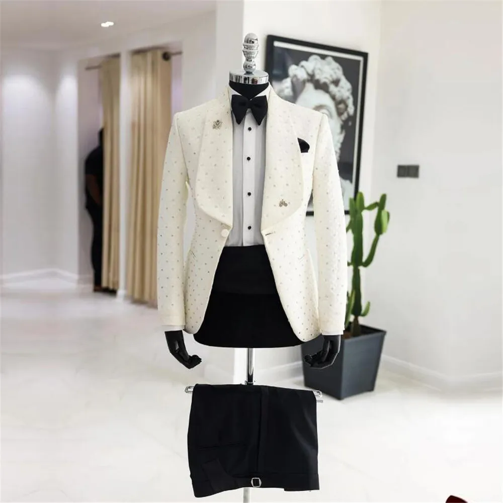 Luxury Groom Wedding Suits Cyrstals Beaded Men's Tuxedos Custom Made Single Breasted Prom Blazer Sets Banquet Dinner Clothing