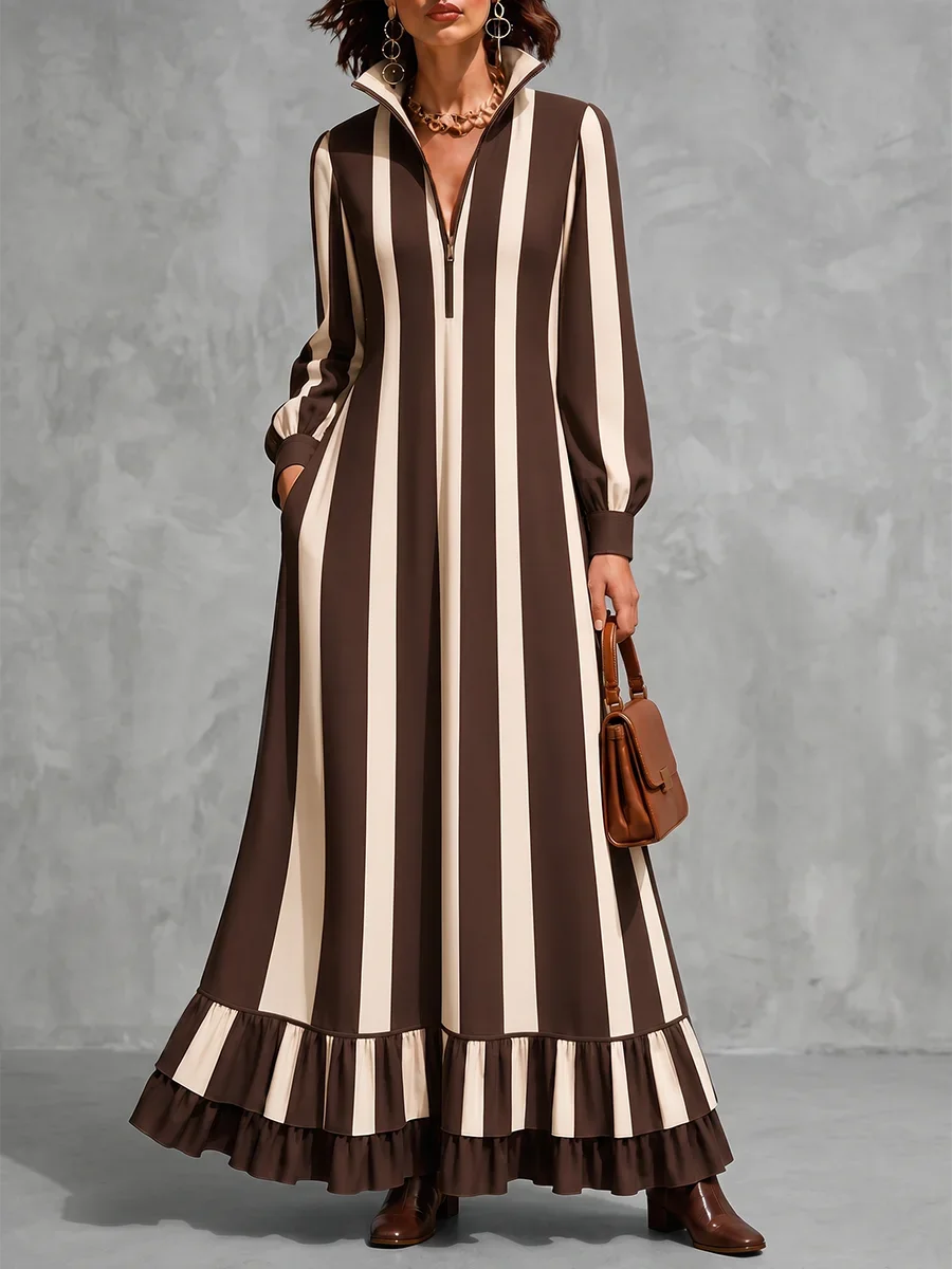 Modigirl Women Vertical Stripe Maxi Dress Stand Collar Half Zip Long Sleeve Ruffle Hem Elegant Vintage Casual Vacation Dresses