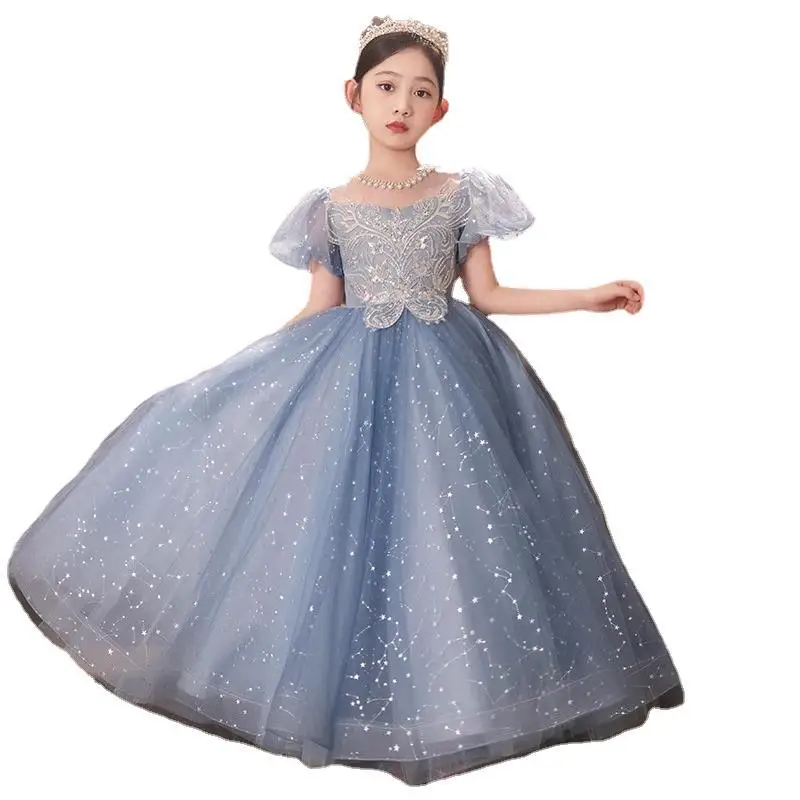 2024 Sequin Blue Girls Princess Dress Puff Sleeves Beading O-Neck Evening Dresses for Children Kids luxury Performance Clothing