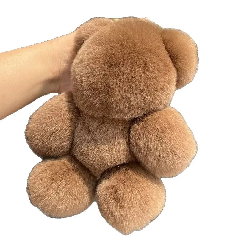 

Real Rex Rabbit Hair Brown Bear Car Keychain Pendant Cute Plush Doll Doll School Bag Pendant Gift