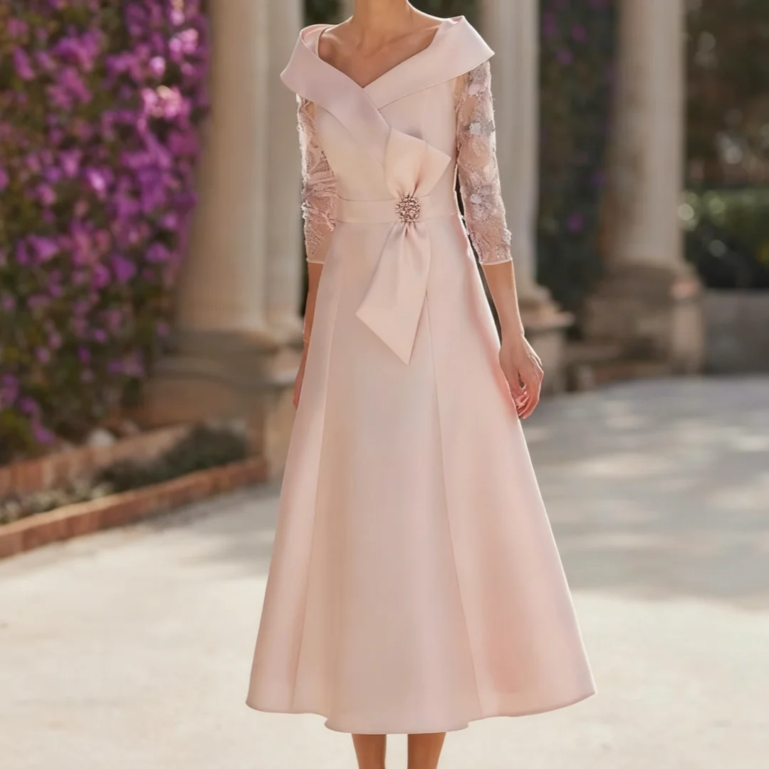 Exquisitos vestidos para madre de la novia, corte en A, cuello en V, vestidos de invitados de boda, encaje satinado con lazo, vestido con cuentas, personalizado para mujer