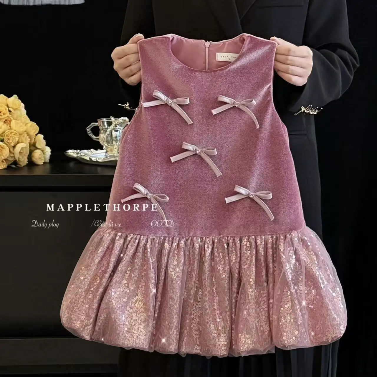 الخريف والشتاء الفتيات القوس مزين المخملية شبكة المرقعة الأزهار برعم بينافور فستان مبطنة بالصوف تول الأكمام 100-150 سنتيمتر #2