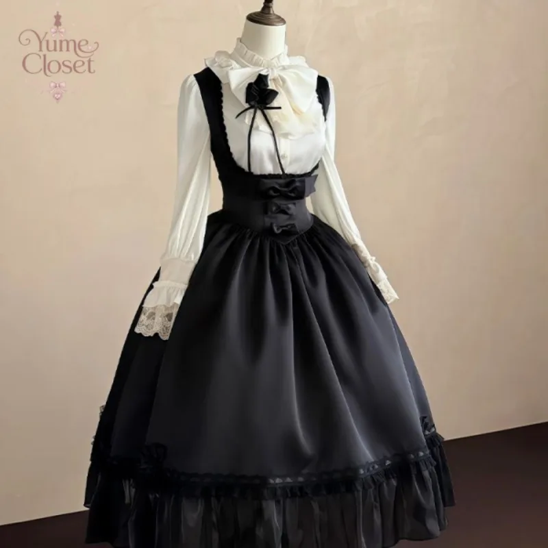 Sweet Lolita 2 Piece Dress Set Women White Ruffle Blouse Pink Suspender Maxi Dress Bow Lace Victorian Tea Party Outfit Princess