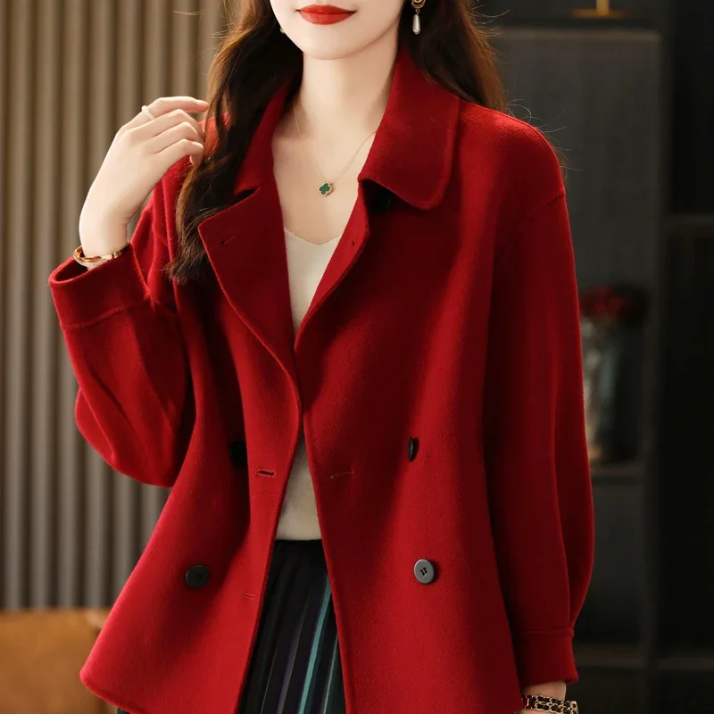 Double-Sided Cashmere Coat for Women, Short Korean Loose, Horn Buckle, Pure 100% Wool, Autumn, Winter, 2024