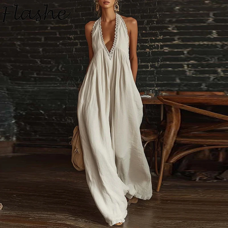 Sommerliches, lässiges, ärmelloses Strandkleid mit V-Ausschnitt, Boho-Stil, Taschen, Spitzen-Patchwork, Partykleid, langes Kleid, Maxikleid für Damen