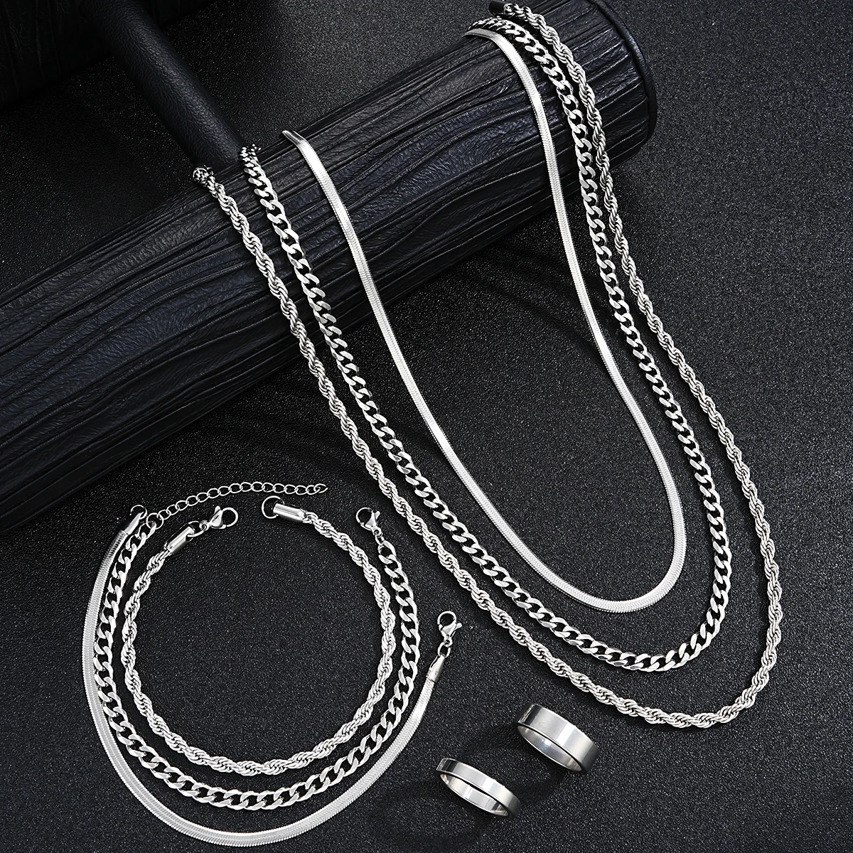 2024 New Simple Stainless Steel Silver Color Jewelry Sets for Men Unisex Punk Vintage Smooth Ring Necklace Bracelet Set Gifts